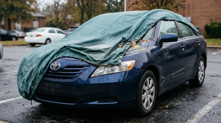 Damp pavement, condensation and loose cover showing why mold under car cover develops