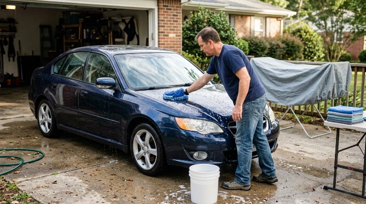 Car owner washing and drying a vehicle after finding mold under car cover