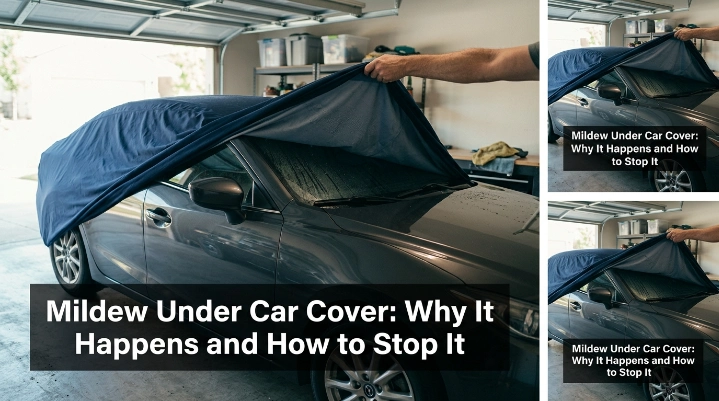 Condensation and mildew under car cover after moisture becomes trapped around a parked vehicle.
