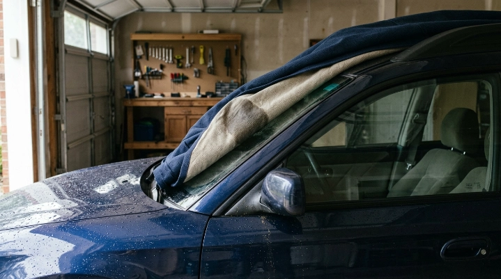 Condensation droplets beneath a damp car cover showing how mildew under car cover can begin.