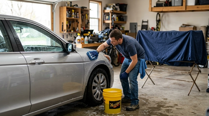 Owner safely cleaning mildew under car cover while the removed cover dries separately.