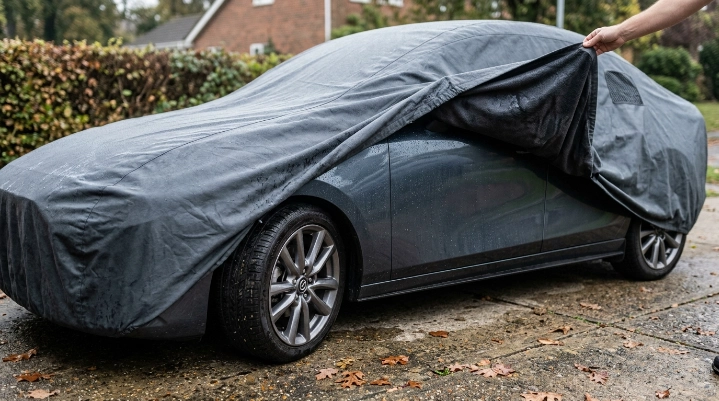 Condensation trapped beneath a fitted car cover on a damp vehicle after a humid night