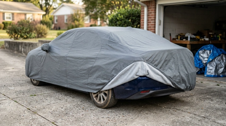 Breathable fitted outdoor car cover with vent panel and soft lining on a parked sedan