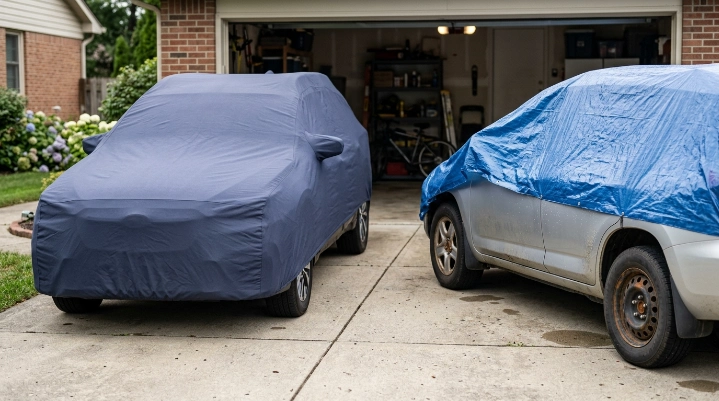 Rust forming under my car cover beside a breathable cover and a loose moisture-trapping tarp.