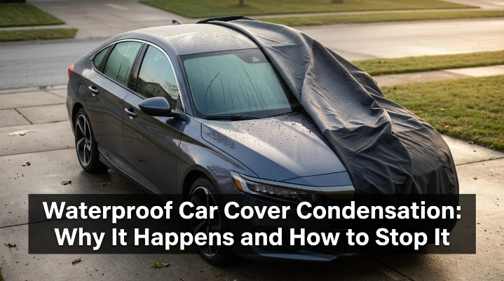 Waterproof car cover condensation visible as moisture droplets on a covered sedan