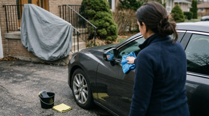 Driver drying mirrors and seals before installing a breathable waterproof car cover