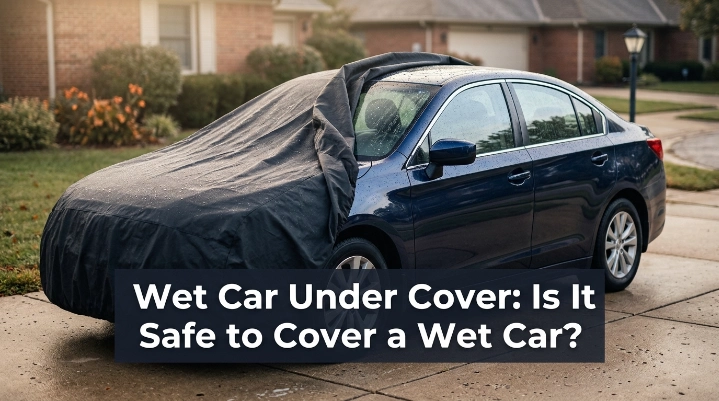 Wet car under cover with moisture beads beneath a partially removed breathable cover.