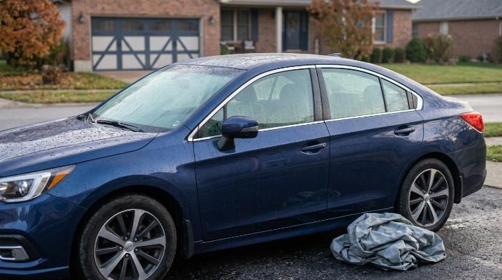 Wet car under cover with condensation on glass, paint, mirror housing, and trim.