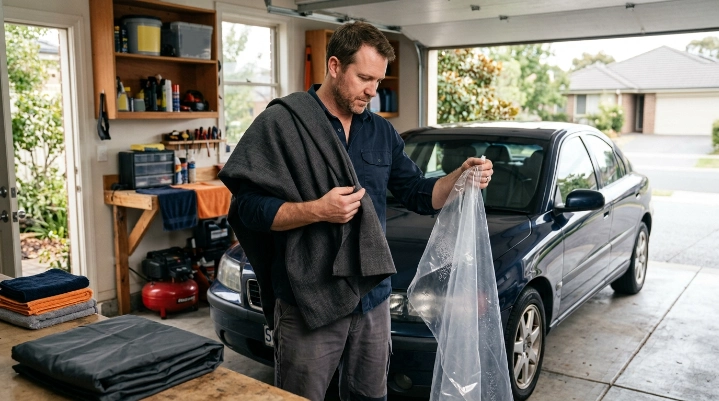 Driver comparing breathable car-cover fabric with a non-breathable plastic sheet.