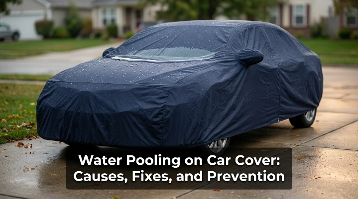 Water pooling on car cover over a sedan after rain in a suburban driveway