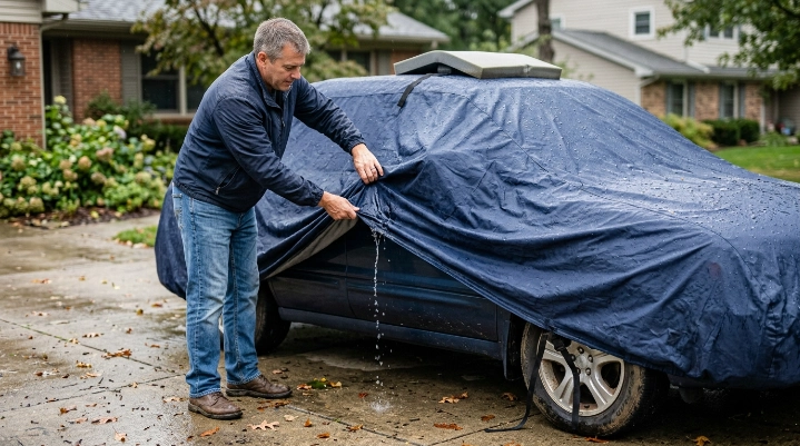 Owner fixing water pooling on car cover by lifting fabric and tightening straps