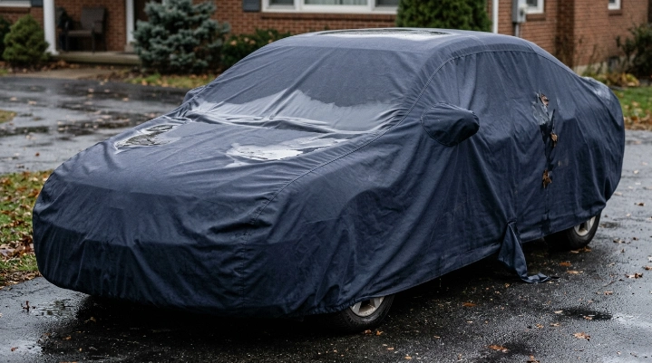 Different water pooling on car cover patterns caused by sagging, wind, leaves, and poor fit