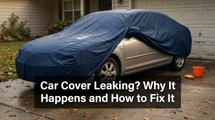 Car cover leaking after rain with visible water beads and damp vehicle panel underneath