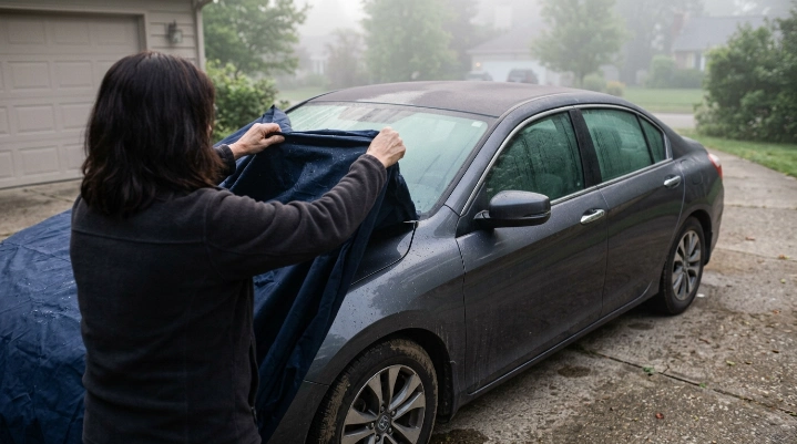 Owner lifts a car cover to inspect broad condensation droplets on the roof and windows