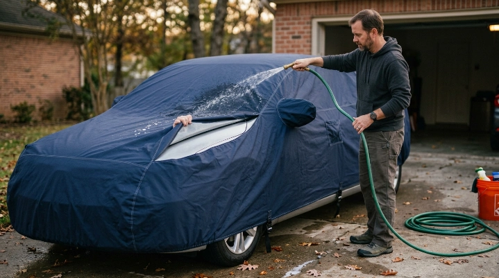 DIY owner uses gentle hose water to find the exact source of a leaking car cover