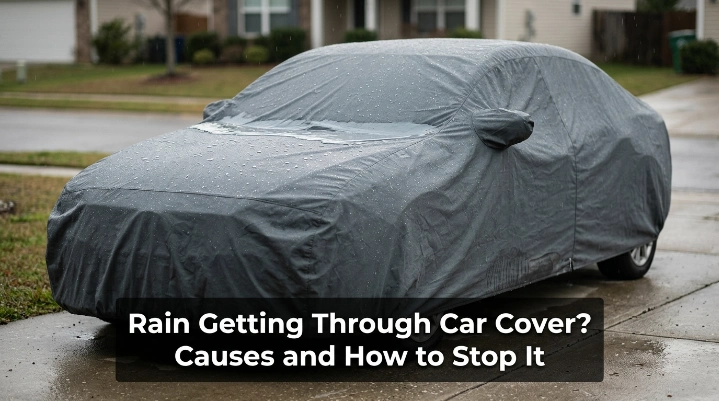 Rain getting through car cover on a sedan parked outdoors during wet weather.