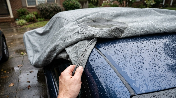 Condensation droplets and a seam leak beneath a wet outdoor car cover.