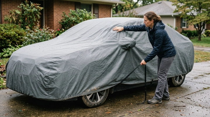 Driver tightening a car cover strap and removing a low spot after rainfall.