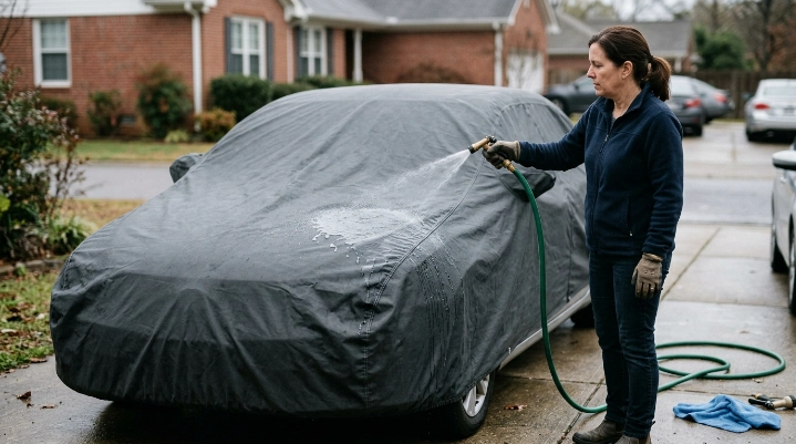 Owner tests a car cover not waterproof by gently wetting one roof section with a hose