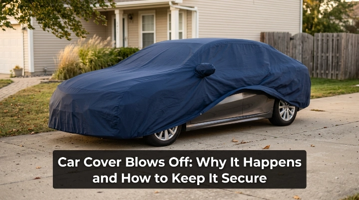 Car cover blows off a sedan in wind while loose fabric lifts from the lower body.