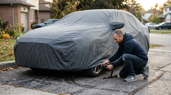 Owner secures underbody straps to stop a car cover blows off problem in windy weather.
