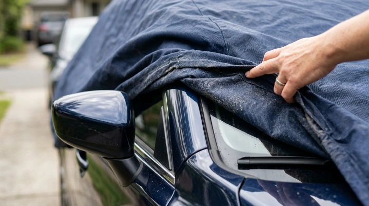 Close-up of dusty car-cover fabric rubbing paint as wind causes repeated flapping.