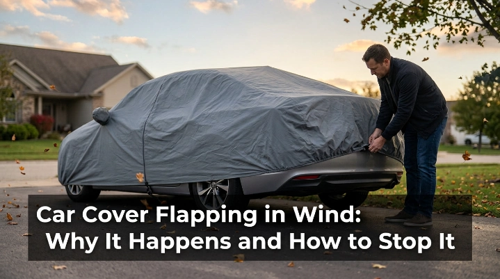 Car cover flapping in wind while an owner checks the securing strap on a parked sedan