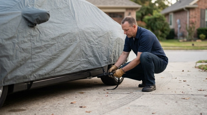 Vehicle owner fastening a built-in car cover strap beside a parked sedan on a windy day