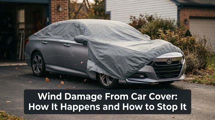 Wind damage from car cover as loose fabric lifts over a parked sedan in windy weather