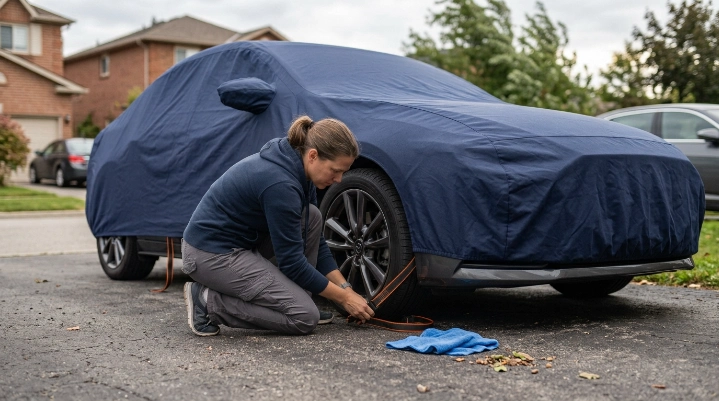 Driver fastening an underbody strap to secure a fitted car cover before windy weather