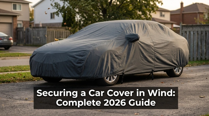 Securing car cover in wind using fitted hems and underbody straps on a parked sedan