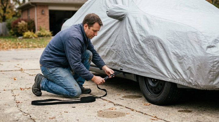 Owner securing car cover in wind by fastening an underbody buckle beneath a covered sedan