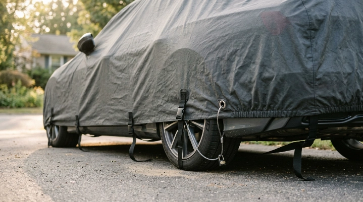 Car cover secured with elastic hems, three underbody straps, wheel loop, and reinforced grommet