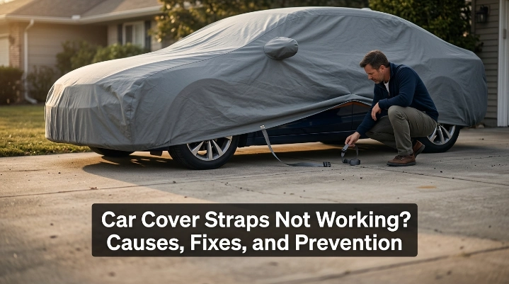 Driver inspecting car cover straps not working on a covered sedan in a driveway