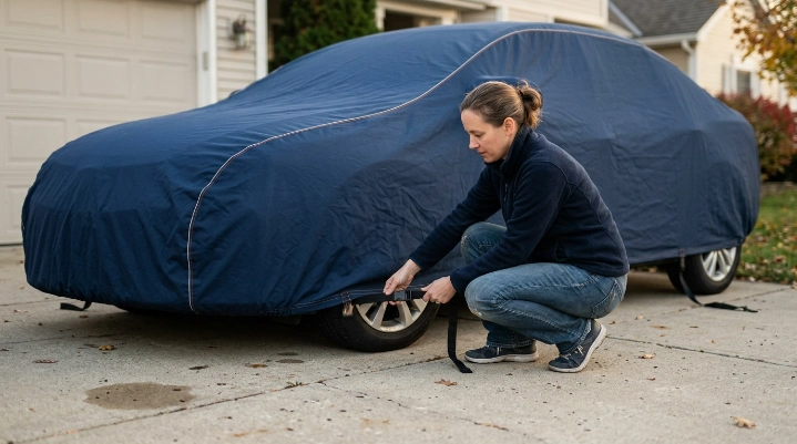 Owner checking buckle, webbing and attachment point on a fitted car cover strap