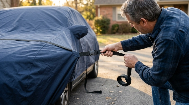 Owner tightening loose car cover straps evenly while keeping webbing flat