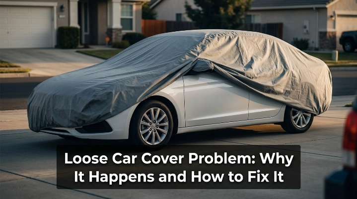 Loose car cover problem with oversized fabric flapping around a parked sedan