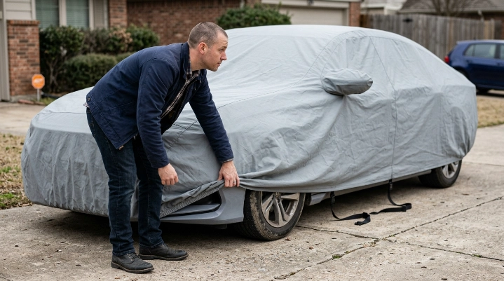 Owner diagnosing loose car cover problem by checking bumper hem, alignment, and strap fit