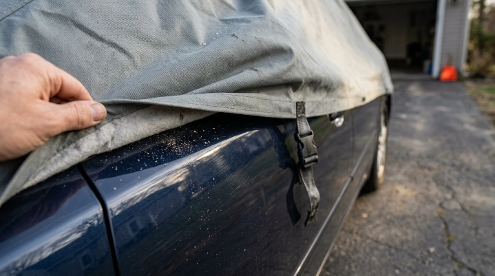 Loose car cover problem showing dust, fabric movement, and light paint marring