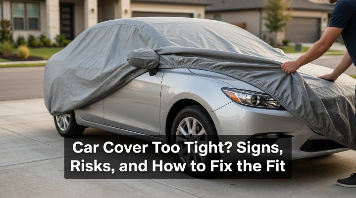 Car cover too tight on sedan showing proper mirror, bumper, and fabric fit