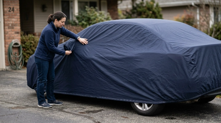 Car cover too tight around side mirror with strained seams and bumper hem