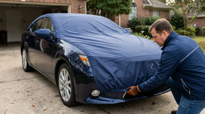 Owner fixing car cover too tight by centering roof and aligning mirror pocket