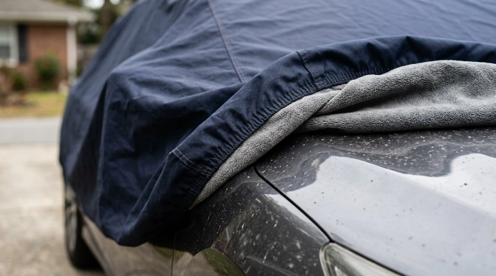 Loose wrong size car cover over dusty sedan paint showing trapped grit beneath fabric