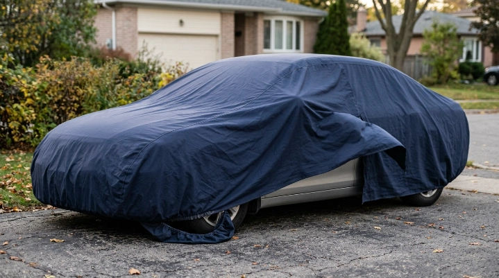 Oversized car cover with sagging folds, loose corners, and excess fabric around a sedan