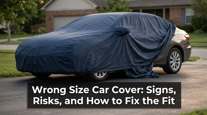 Wrong size car cover fitting loosely over a sedan with the rear bumper exposed