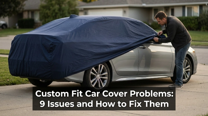 Custom fit car cover problems shown on a sedan with loose fabric and mirror fit issues