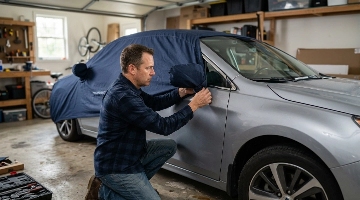 Owner realigning a custom car cover mirror pocket and loose rear bumper fabric