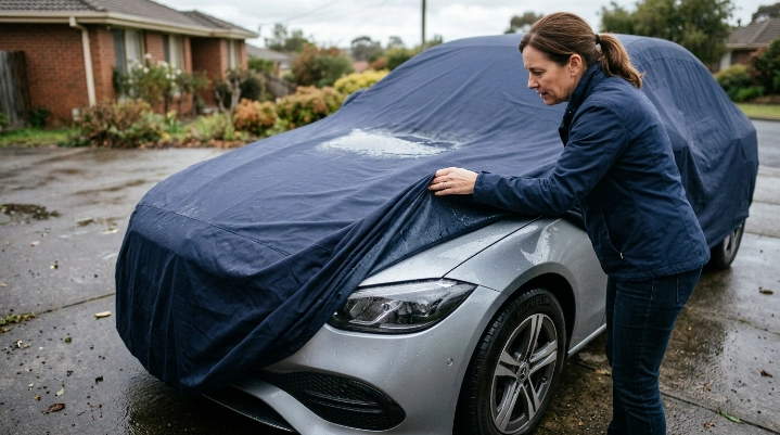 Condensation droplets under a custom fit car cover after rain on a parked sedan