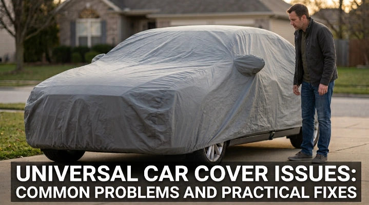 Sedan showing universal car cover issues including loose fit, wind movement, and excess fabric.