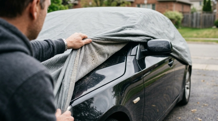 Fine grit between a universal car cover and vehicle paint showing potential rubbing risk.